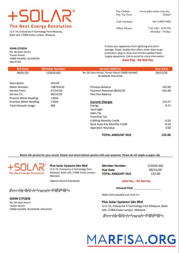 Blank Malaysia Plus Solar Systems Sdn Bhd utility bill template in Word and PDF format